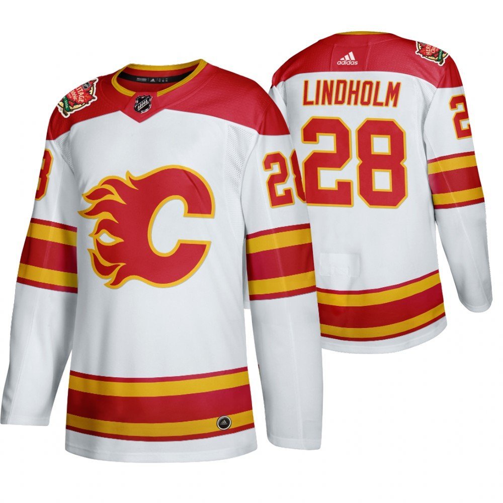 Calgary Flames #28 Elias Lindholm Heritage White Classic Authentic Jersey