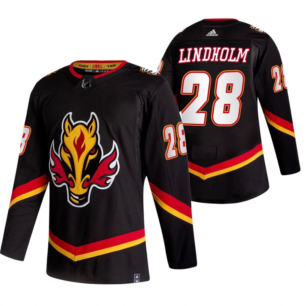 Men's Calgary Flames #28 Elias Lindholm Black 2020-21 Reverse Retro Alternate Hockey Jersey