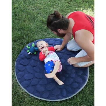 Dad and toddler boy on navy blue LilyPad play mat - best play mat for baby and toddler